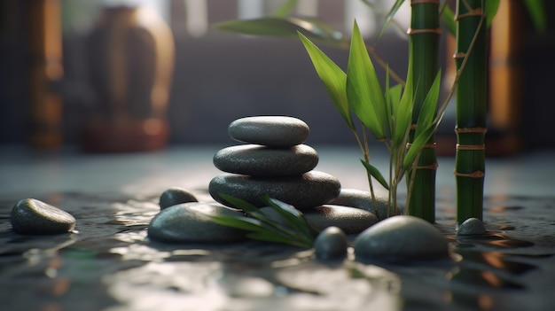 Bodegón de spa con piedras apiladas y hojas de bambú generadas por IA