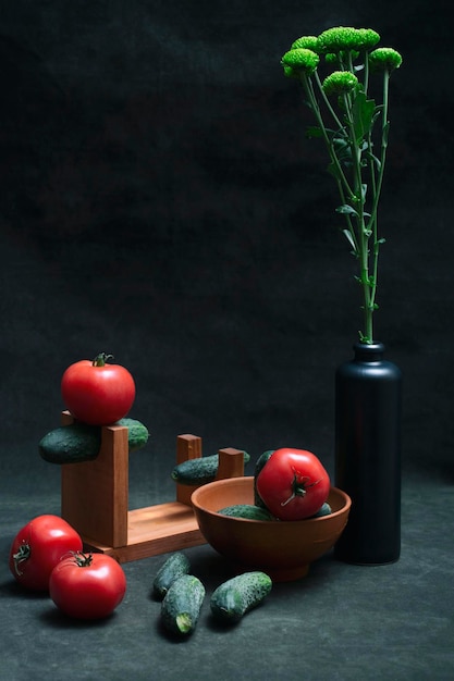 Bodegón con tomates pepinos y un ramo de crisantemos