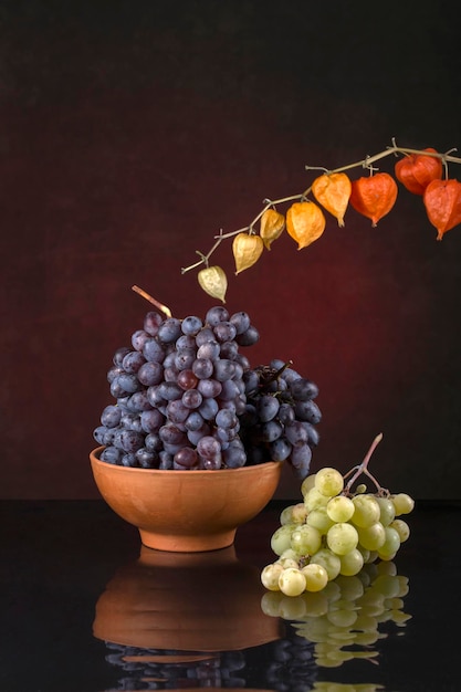 Bodegón con uvas y una rama de physalis