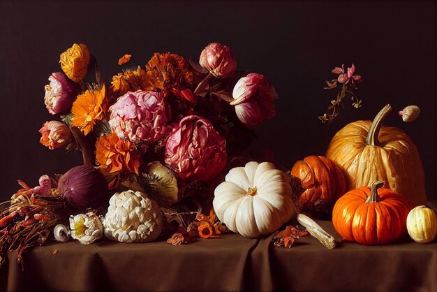 Bodegón de verduras y flores de otoño