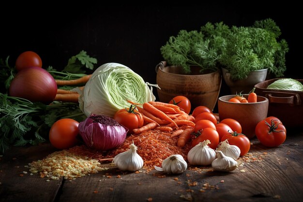 Bodegón de verduras frescas en una mesa de madera luz de estudio