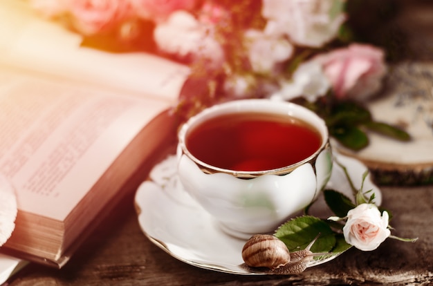 Bodegón vintage con una vieja taza de té de porcelana, rosa fresca, caracol y libro.