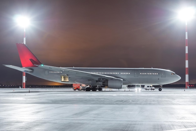 Bodenabfertigung eines Passagier-Großraumflugzeugs auf dem Vorfeld des Flughafens im Winter