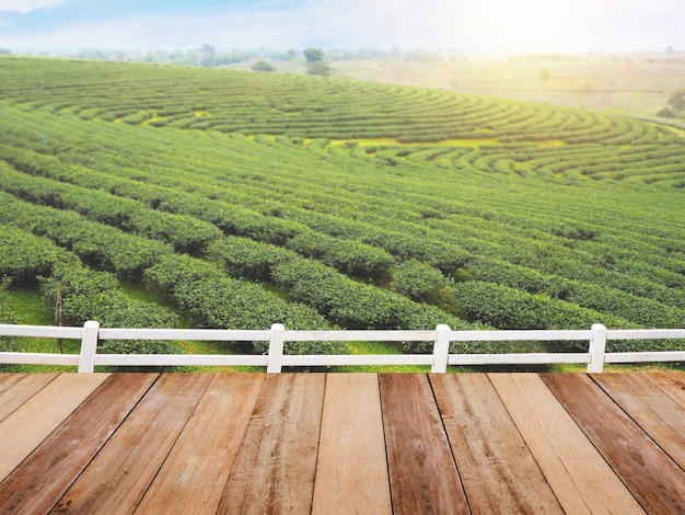 Bodenfliesen Holzmuster oder Holztisch über weißem Zaun und grünem Teefeld im Norden Thailands. Frühlingslandschaft und -hintergrund. Montagestil.
