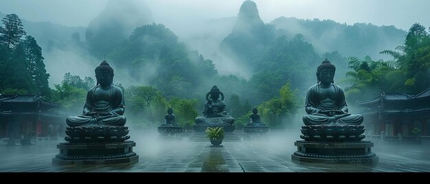 Bodhisattva-Statuen in nebligen Bergtempeln die Figuren verschwinden im Nebel