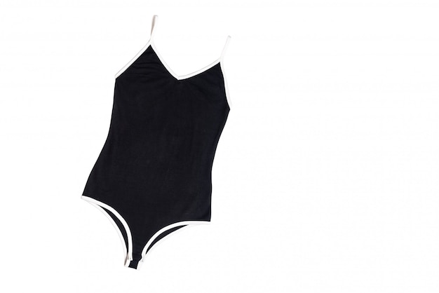 Body preto, vestuário apertado de pele em branco backgroudn, vista superior plana leiga, cópia espaço
