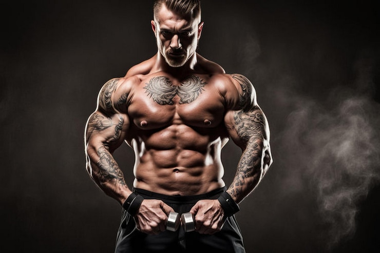 Foto bodybuilder força na escuridão modelo de fitness ith dumbbell em chamas em fundo escuro