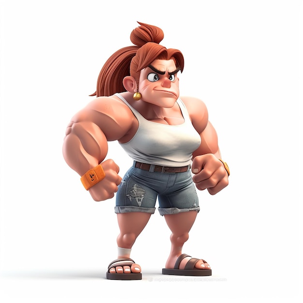 Bodybuilder-Frau, Boxer-Frau mit großen Muskeln, lustig, süß, 3D-Cartoon-Illustration auf Weiß