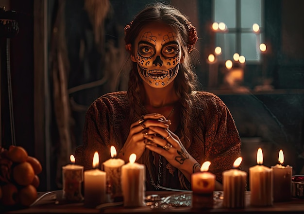 Bodypaint de mujer en el día de la muerte ghoast decorar con flores sosteniendo velas ai generativo