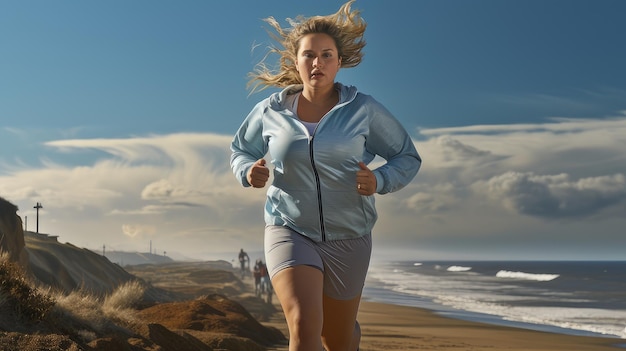 Foto bodypositive frau joggt am meer