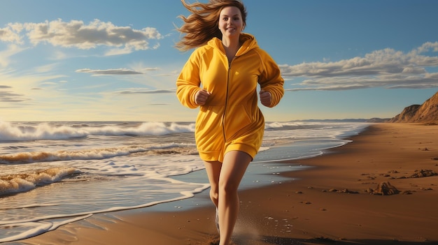 Bodypositive Frau joggt am Meer