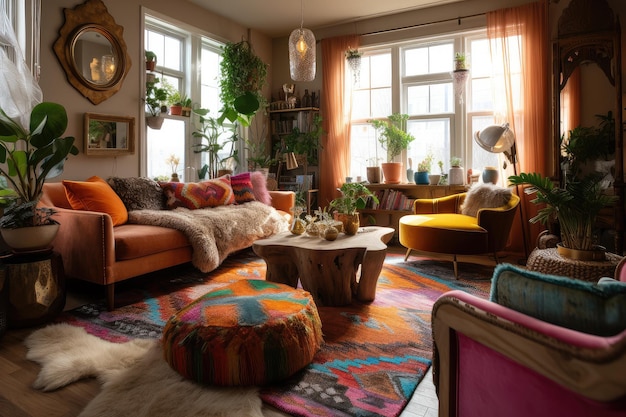Böhmisches Zimmer mit kräftigen und farbenfrohen Möbeln, eklektischen Details und natürlichen Elementen