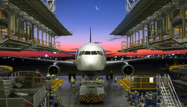 Boeing 767 300 no hangar para manutenção no início da manhã