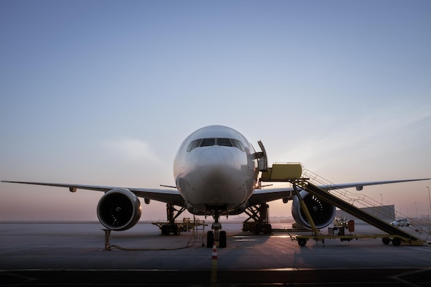Boeing 777 de cabeza a la vista estacionado en el aeropuerto