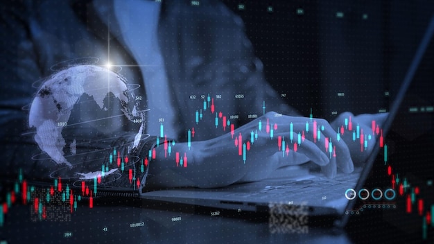 Börse Marktwirtschaft finanzielles dunkles Thema globale Geschäftsinvestitionen Trader Hand Nahaufnahme Eingabe Handel Aktienmarkt Candle Stick Graph Chart