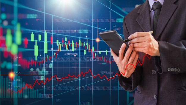 Börse- oder Devisenhandelsdiagramm und Kerzenständerdiagramm passend für Finanzinvestitionskonzept.