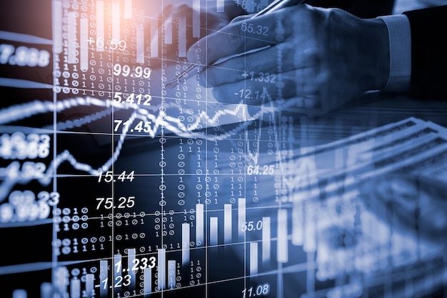 Börse- oder Devisenhandelsdiagramm und Kerzenständerdiagramm passend für Finanzinvestitionskonzept.