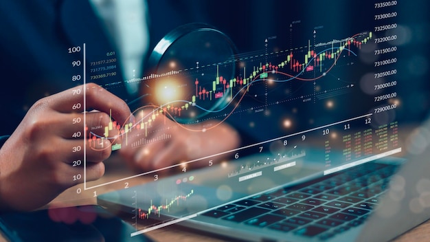 Börsen- oder Devisenhandelsdiagramm und Candlestick-Diagramm, geeignet für Finanzinvestitionskonzepte. Wirtschaftstrends-Hintergrund für Geschäftsideen und alle Kunstwerkdesigns. Abstrakter Finanzhintergrund