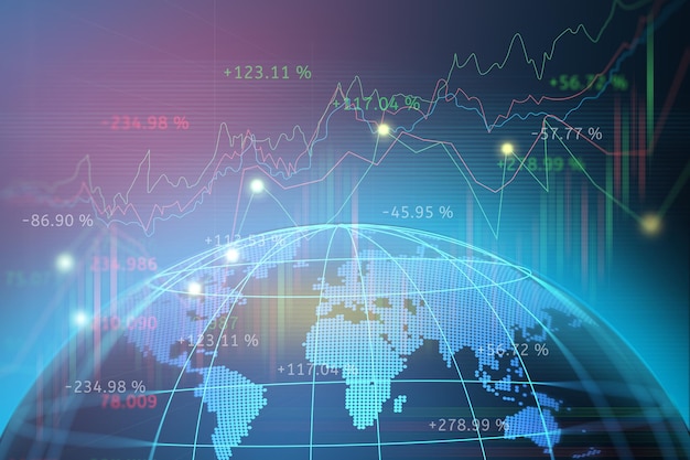 Börsen- oder Forex-Handelsdiagramm mit Kartenwelt, die den Drahtrahmen der globalen Netzwerklinie darstellt