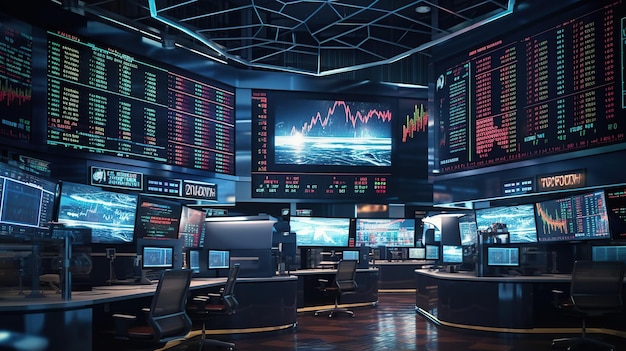 Börsen- und Handelsbildschirmmonitoren auf dem Tisch generative KI