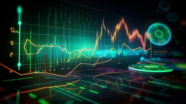 Börsendiagramm, das im abstrakten Stil auf hellem Hintergrund leuchtet. Diagramm der Geschäftsstatistik. Futuristische Tapete. Marktdiagramm, Gewinn, Geld, Finanzinvestitionen, Aktienmarkt