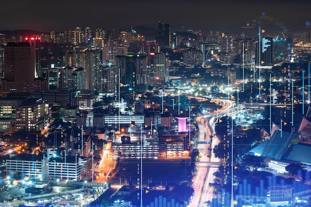 Börsendiagramm Hologramm Nachtpanorama Blick auf die Stadt von Kuala Lumpur KL ist beliebter Ort, um finanzielle Bildung in Malaysia Asien zu erlangen Das Konzept der internationalen Forschung Doppelbelichtung