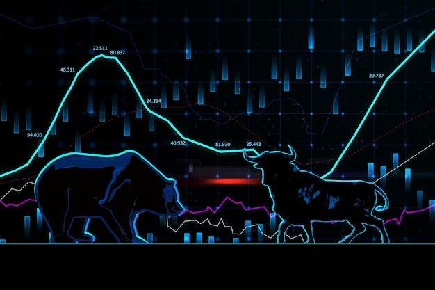 Börsenhandelskonzept Die Bullen und Bären kämpfen Abbildung des Aktienmarktes Kreatives Hologramm und Diagramm auf dunkler Textur 3D-Rendering
