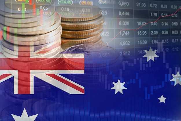 Börseninvestitionshandel mit Finanzmünzen und Australien-Flagge oder Forex zur Analyse des Hintergrunds von Gewinnfinanzierungsgeschäftstrenddaten