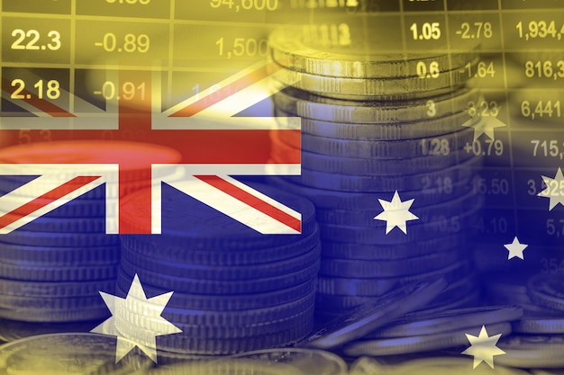 Börseninvestitionshandel mit Finanzmünzen und Australien-Flagge oder Forex zur Analyse des Hintergrunds von Gewinnfinanzierungsgeschäftstrenddaten