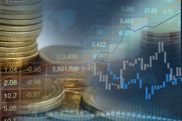 Börseninvestitionshandel mit Finanzmünzen und Diagrammdiagrammen oder Forex für die Analyse des Hintergrunds von Gewinnfinanzierungsgeschäftstrenddaten