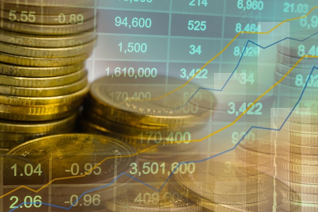 Börseninvestitionshandel mit Finanzmünzen und Diagrammdiagrammen oder Forex für die Analyse des Hintergrunds von Gewinnfinanzierungsgeschäftstrenddaten