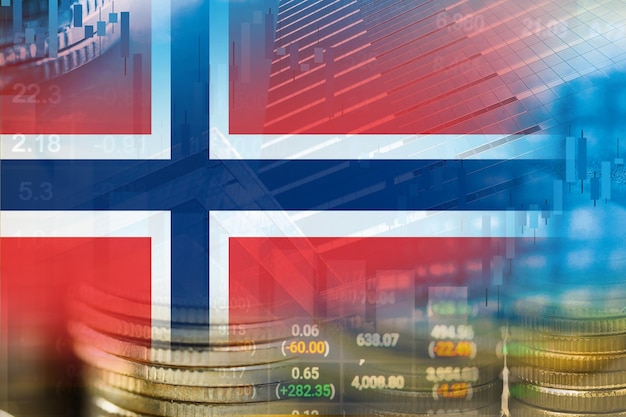 Börseninvestitionshandel mit Finanzmünzen und Norwegen-Flagge oder Forex zur Analyse des Hintergrunds von Gewinnfinanzierungsgeschäftstrenddaten