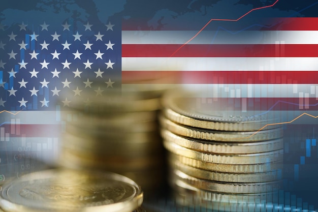 Börseninvestitionshandel mit Finanzmünzen und USA-Amerika-Flagge oder Forex für die Analyse des Hintergrunds von Gewinnfinanzierungsgeschäftstrenddaten