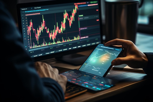 Börsenkorrekturdiagramm auf Tablet-Bildschirm mit menschlicher Hand und Banknoten im Büro