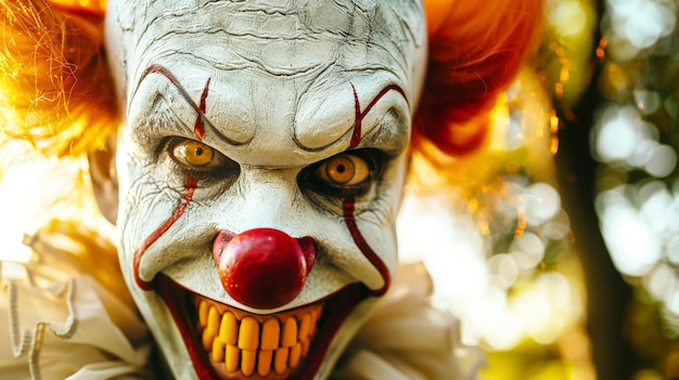 Bösartiger Clown mit roten Haaren und Make-up