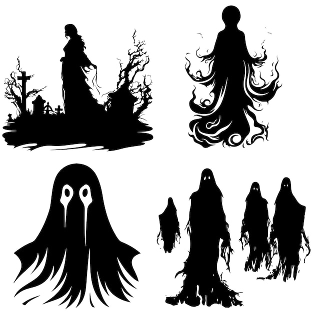 Foto böse geister von halloween silhouette des bösen geistes in vektor-stil sammlung set isoliert auf weiß