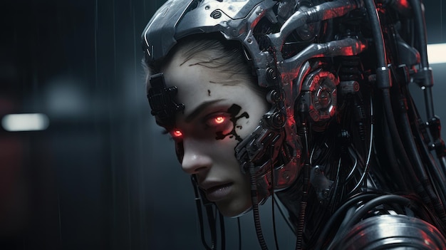 böser gruseliger Cyborg mit roten Augen