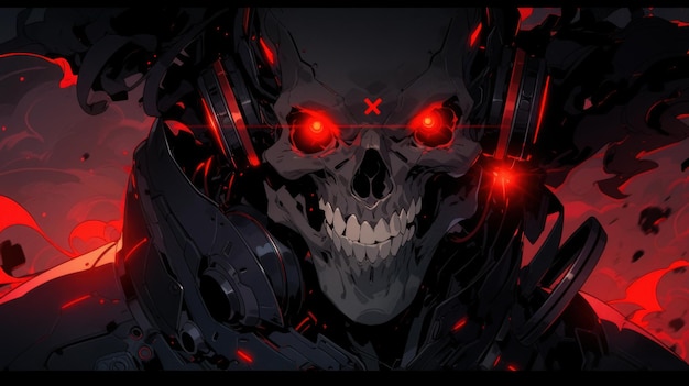 böser gruseliger Cyborg mit roten Augen