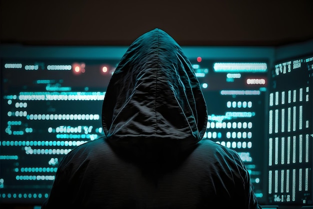 Böser Hacker in schwarzer Kapuze und Maske auf dunkelschwarzem Datenhintergrund, neuronales Netzwerk generierte Kunst