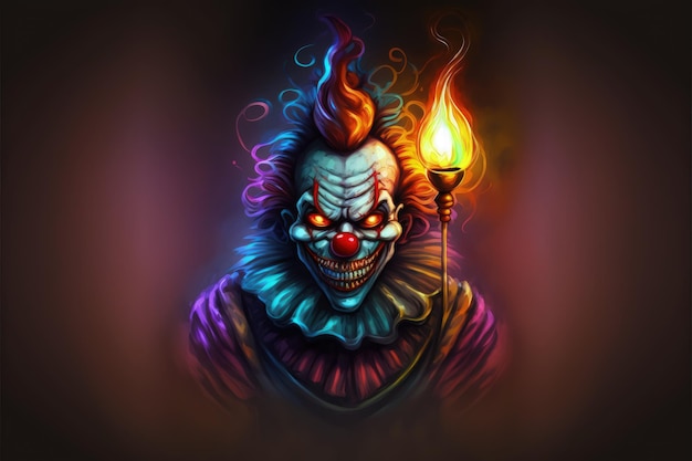 Böswilliger Clown mit brennendem Ballon vor feurigem Hintergrund Fantasy-Konzept Illustrationsmalerei Generative KI