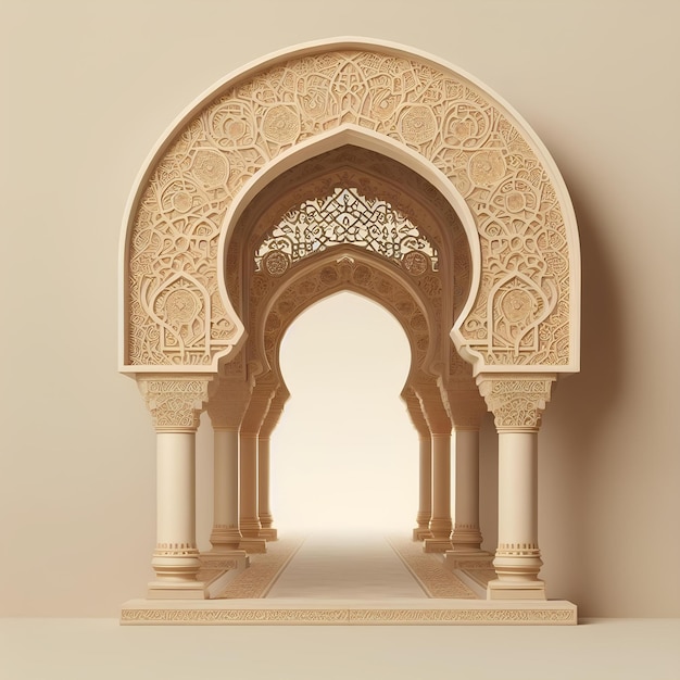 Bogen im arabischen Stil mit Säulen und Bögen mit traditionellem islamischem Muster Hintergrund in beige Farbe Verzierungen Gebäudezimmer und Moschee