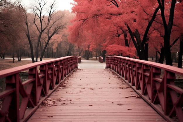 Bogenbrücke im Wald gegen den Himmel im Herbst