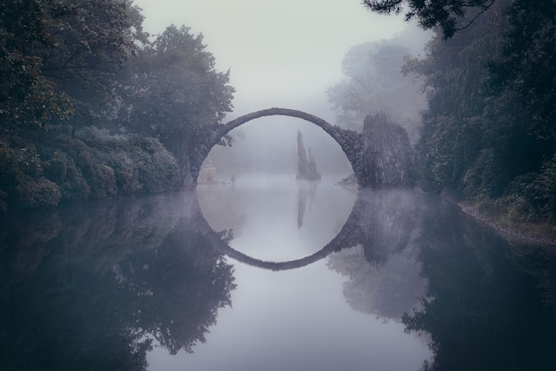 Bogenbrücke mit Reflexion entlang der Bäume