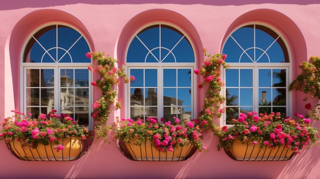 Bogenfenster an einem farbenfrohen rosa Haus mit Blumen