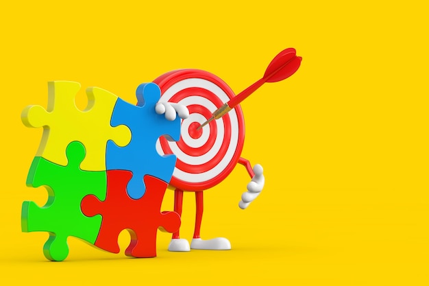 Bogenschießen Ziel und Dart im Zentrum Zeichentrickfigur Maskottchen mit vier Stücken buntem Puzzle 3D-Rendering