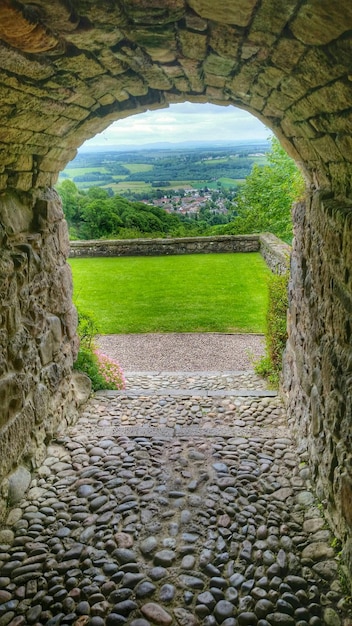 Foto bogenweg, der in richtung rasen gegen die landschaft führt