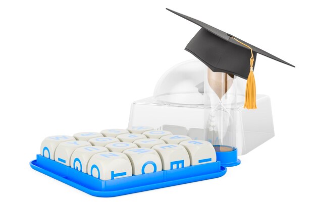 Foto boggle juego de mesa con sombrero de graduación renderización 3d