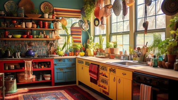 Bohemian Bliss con IA generativa, un diseño de cocina colorido y ecléctico