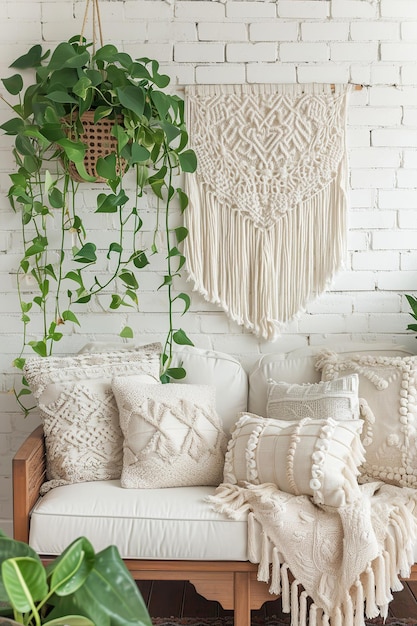 Bohemian chic Innenarchitektur mit natürlichen Texturen und weißen Wänden