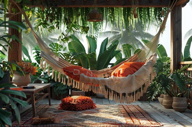 Foto bohemian-inspirierte außenlounge mit makrame-hammo